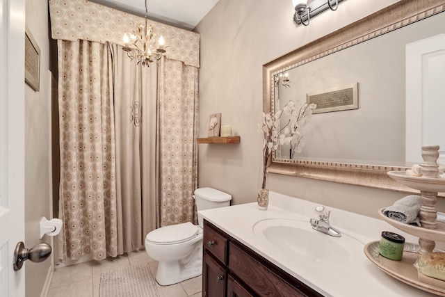 full bath featuring tile patterned flooring, vanity, toilet, a chandelier, and curtained shower