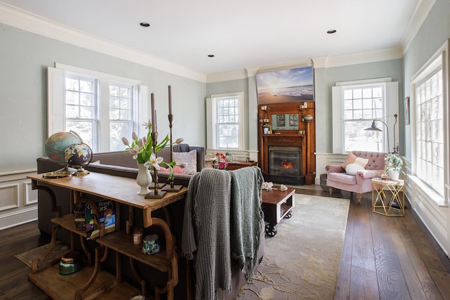 dining area featuring dark wood-style flooring, a wainscoted wall, plenty of natural light, and ornamental molding