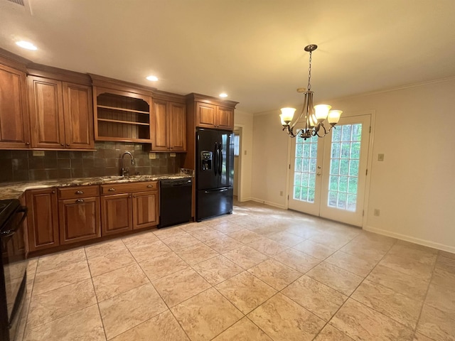 1653 Brierbrook Rd, Germantown, TN 38138 - kitchen featuring black appliances, a sink, decorative backsplash, open shelves, and crown molding