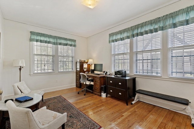 home office with light wood finished floors and baseboards