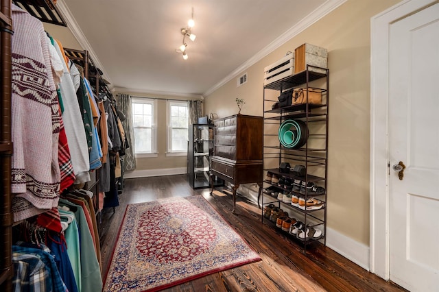walk in closet with visible vents and wood finished floors