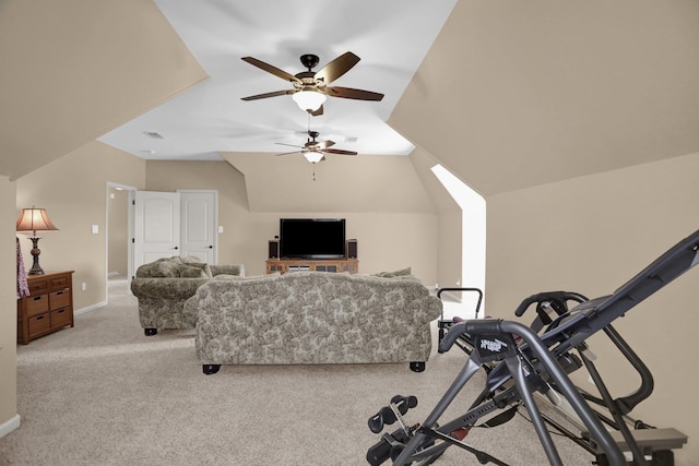 workout room featuring carpet flooring, baseboards, lofted ceiling, and ceiling fan