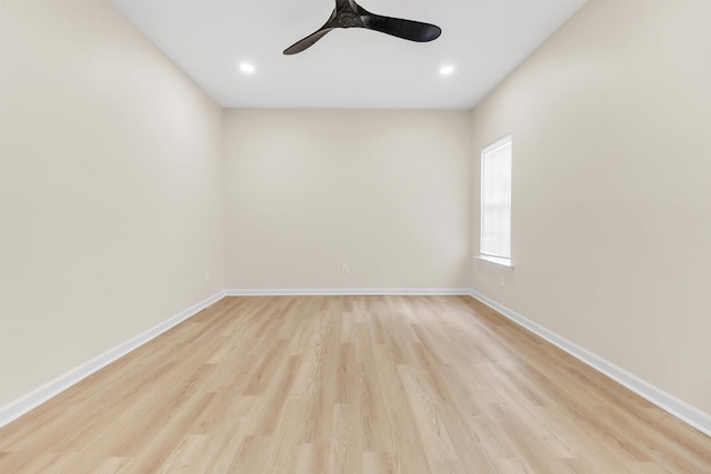 unfurnished room with recessed lighting, baseboards, light wood finished floors, and ceiling fan