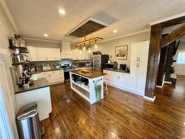 417 E Tigrett St, Halls, TN 38040 - kitchen featuring a sink, open shelves, appliances with stainless steel finishes, premium range hood, and butcher block counters