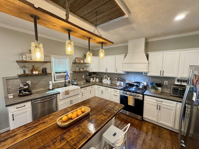 417 E Tigrett St, Halls, TN 38040 - kitchen featuring a sink, open shelves, premium range hood, stainless steel appliances, and ornamental molding