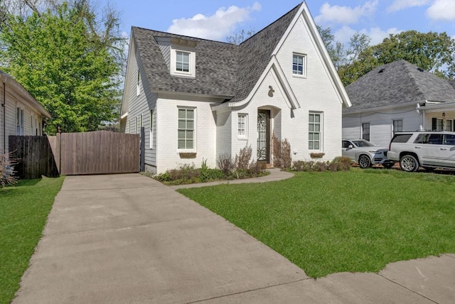 view of front of property featuring concrete driveway, a front yard, a gate, brick siding, and a shingled roof