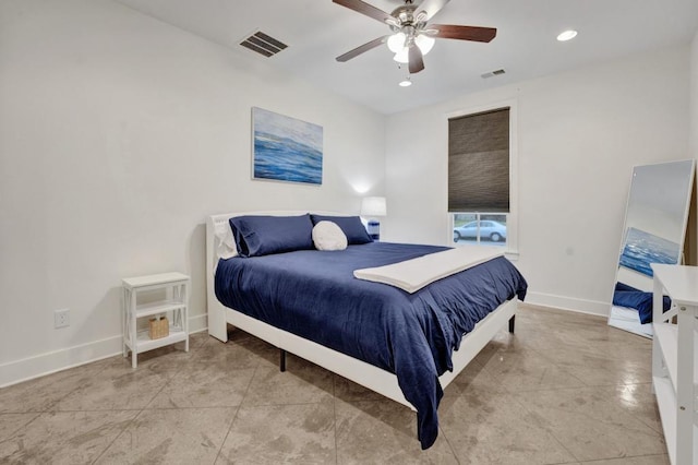 bedroom featuring recessed lighting, baseboards, ceiling fan, and visible vents
