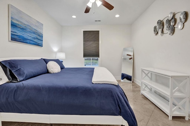 bedroom featuring a ceiling fan, recessed lighting, baseboards, and visible vents