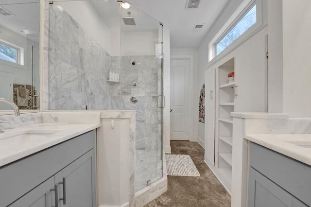 bathroom featuring a stall shower, visible vents, plenty of natural light, and a sink