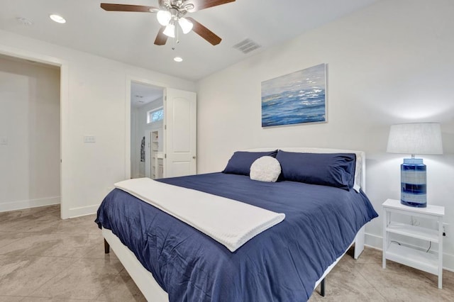 bedroom featuring baseboards, visible vents, recessed lighting, and a ceiling fan
