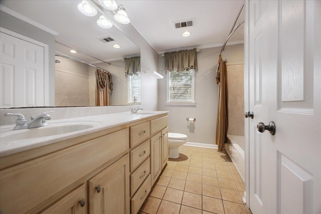 full bath with visible vents, crown molding, toilet, tile patterned floors, and a sink