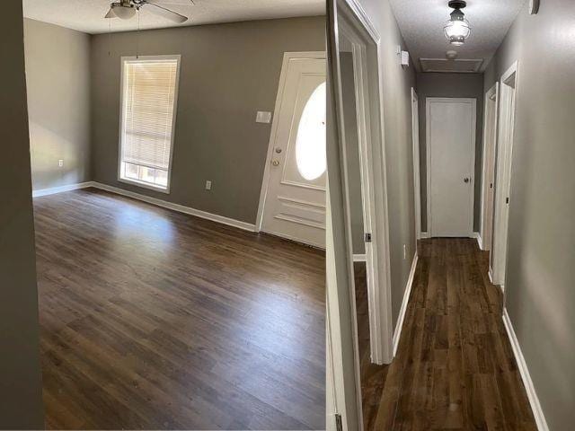 foyer with a ceiling fan, baseboards, and dark wood finished floors