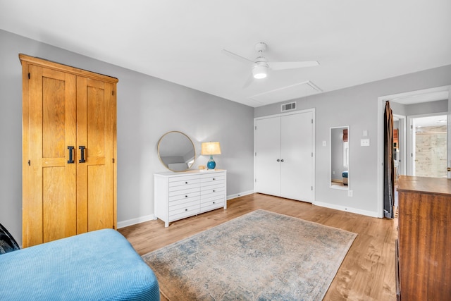 5878 Roxbury Dr Unit 5878, Memphis, TN 38119 - bedroom featuring attic access, light wood-type flooring, baseboards, visible vents, and ceiling fan