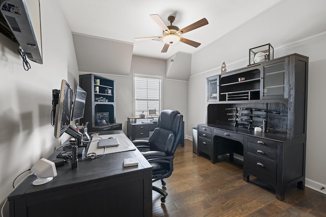 office featuring baseboards, dark wood-style floors, and ceiling fan