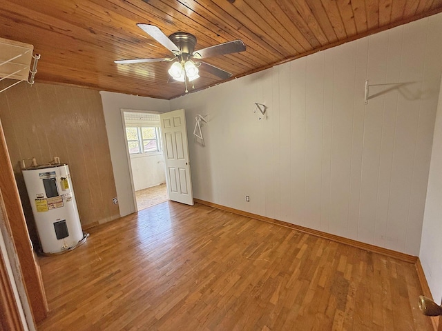 spare room with electric water heater, light wood-style floors, ceiling fan, and wood ceiling