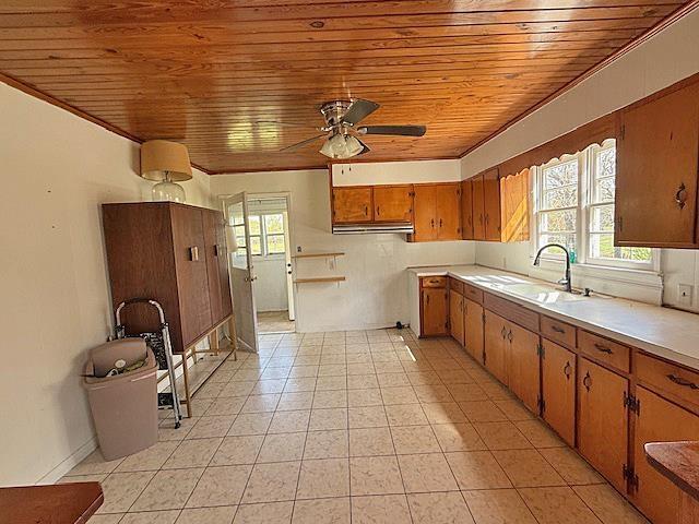 kitchen with light countertops, a sink, wood ceiling, a ceiling fan, and brown cabinets