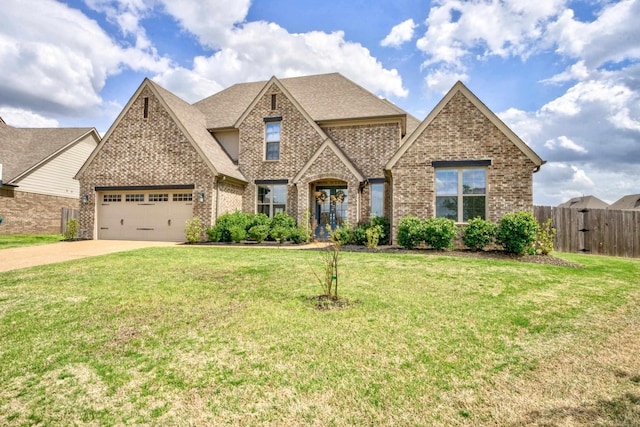 view of front of house featuring driveway, a front yard, brick siding, a garage, and fence