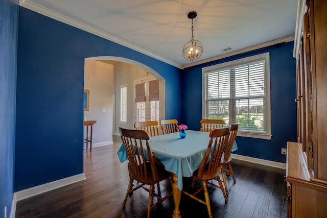 dining area featuring crown molding, visible vents, arched walkways, and dark wood-type flooring