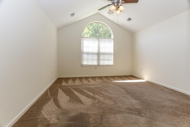 carpeted spare room with visible vents, ceiling fan, baseboards, and lofted ceiling