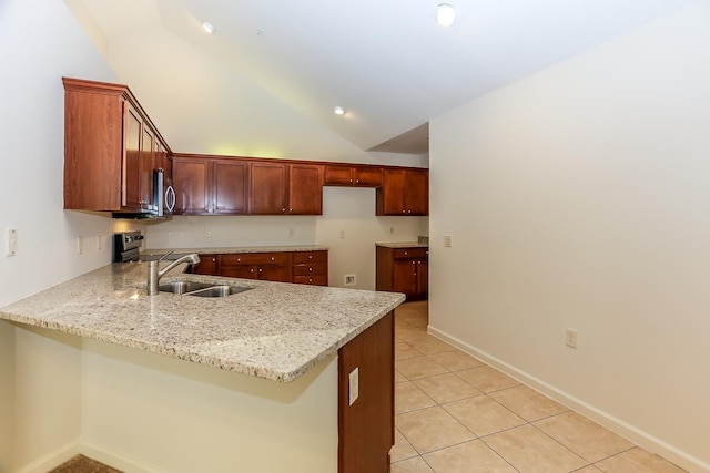 kitchen with light tile patterned floors, baseboards, a peninsula, stainless steel microwave, and light stone counters