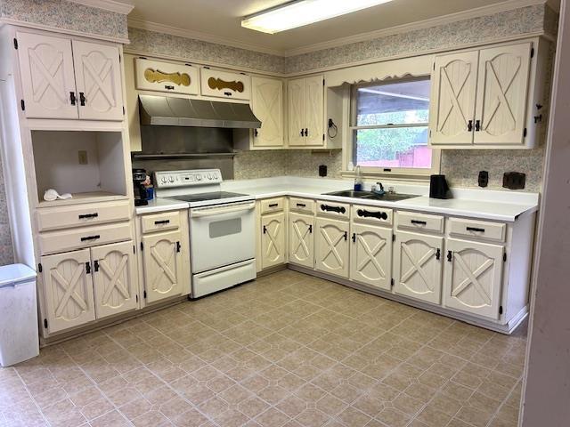 kitchen with crown molding, under cabinet range hood, light countertops, a sink, and electric stove