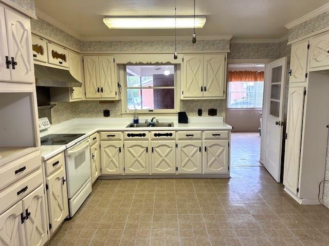 kitchen with under cabinet range hood, a sink, white electric stove, and a healthy amount of sunlight