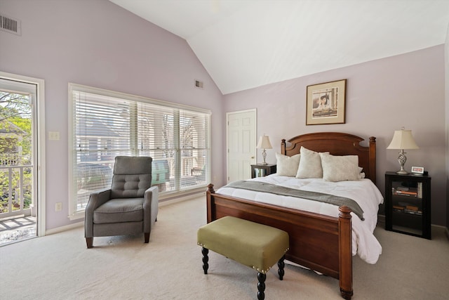 1005 River Currents Dr, Memphis, TN 38103 - bedroom with visible vents, access to exterior, vaulted ceiling, and light carpet