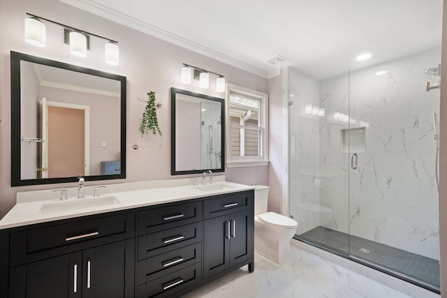1005 River Currents Dr, Memphis, TN 38103 - bathroom featuring marble finish floor, a sink, ornamental molding, and a marble finish shower