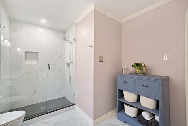 1005 River Currents Dr, Memphis, TN 38103 - bathroom featuring baseboards, toilet, crown molding, a marble finish shower, and marble finish floor