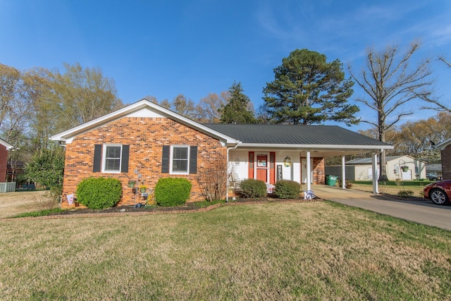 ranch-style house featuring a carport, driveway, a front lawn, brick siding, and central AC unit