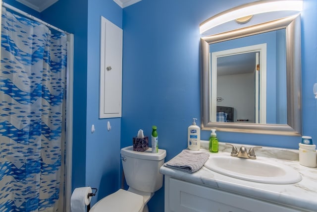 bathroom featuring toilet, vanity, and a shower with shower curtain