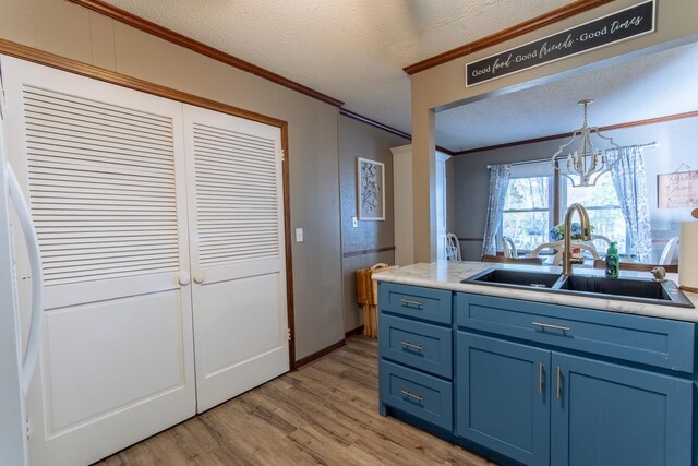 kitchen featuring a textured ceiling, light wood-type flooring, blue cabinetry, ornamental molding, and a sink