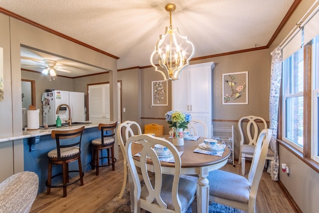 dining space featuring a wealth of natural light, light wood-type flooring, a textured ceiling, and crown molding