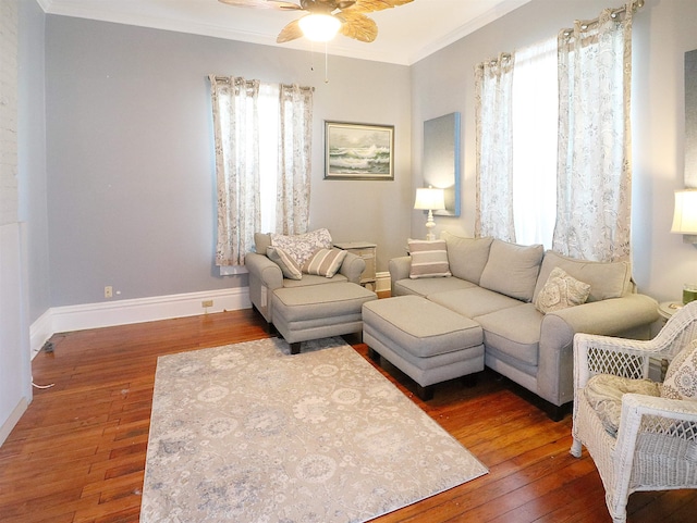 living area featuring baseboards, ornamental molding, a ceiling fan, a healthy amount of sunlight, and wood-type flooring