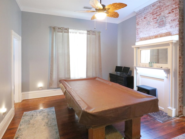 recreation room featuring crown molding, billiards, and dark wood-style floors