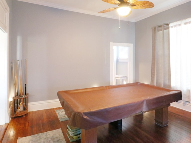 rec room featuring baseboards, ornamental molding, a ceiling fan, wood-type flooring, and pool table