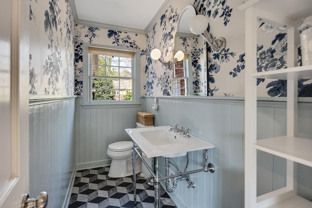 4252 Heatherwood Ln, Memphis, TN 38117 - bathroom featuring a sink, ornamental molding, wainscoting, and toilet