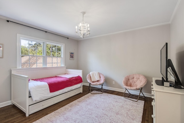 4252 Heatherwood Ln, Memphis, TN 38117 - bedroom featuring an inviting chandelier, dark wood-style flooring, crown molding, and baseboards