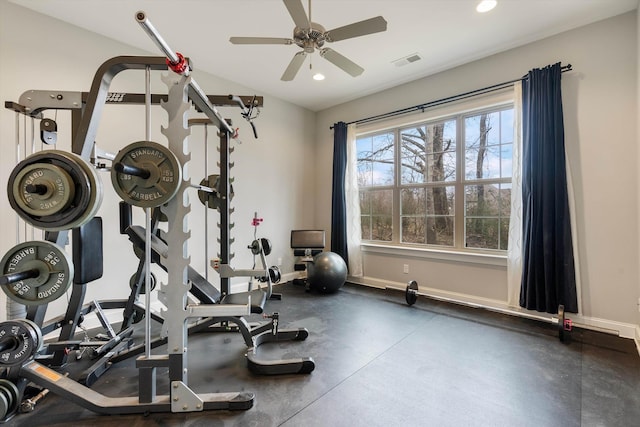 6742 Malone Rd, Olive Branch, MS 38654 - workout area featuring visible vents, baseboards, a ceiling fan, and recessed lighting