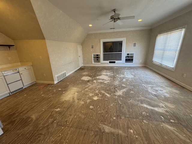 unfurnished living room with a ceiling fan, ornamental molding, visible vents, lofted ceiling, and baseboards