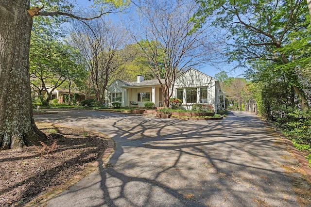 view of front of home with curved driveway