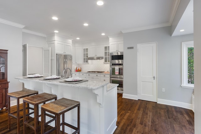 kitchen featuring tasteful backsplash, ornamental molding, a kitchen breakfast bar, and stainless steel appliances
