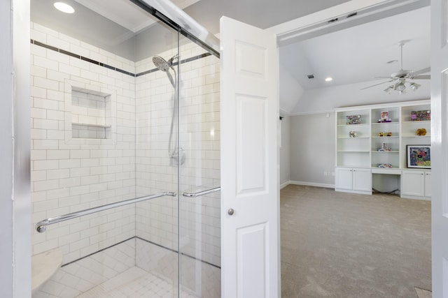 bathroom featuring visible vents, a shower stall, recessed lighting, and a ceiling fan