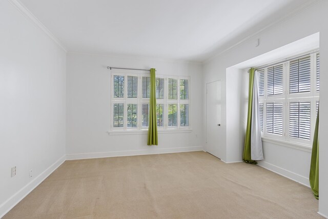 carpeted spare room with a wealth of natural light, baseboards, and ornamental molding