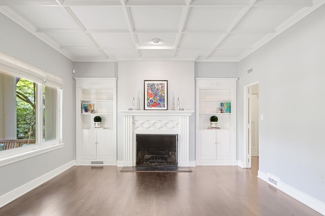 unfurnished living room featuring a fireplace with flush hearth, wood finished floors, baseboards, and coffered ceiling