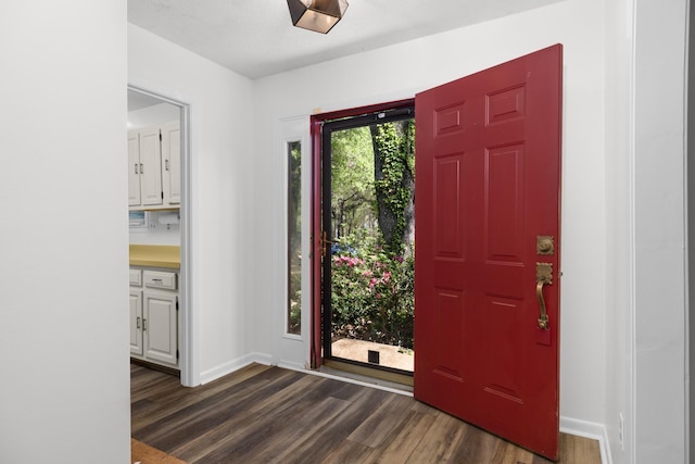 foyer featuring dark wood-type flooring and baseboards
