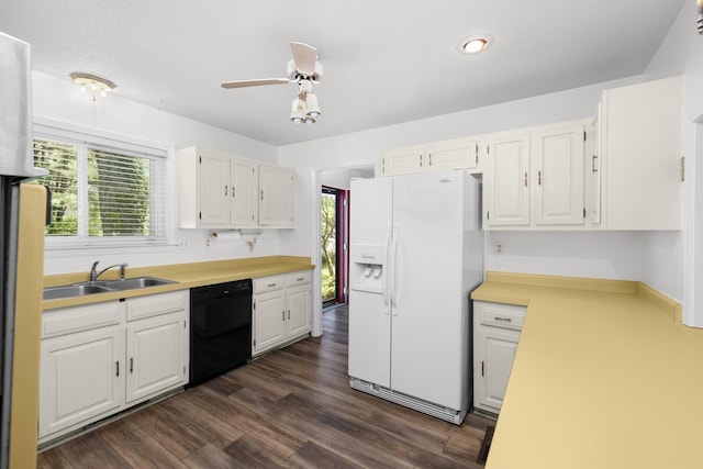 kitchen featuring white fridge with ice dispenser, dishwasher, a sink, white cabinets, and light countertops