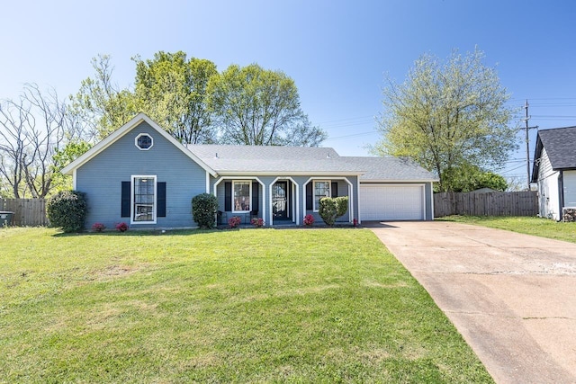ranch-style home with concrete driveway, a front yard, fence, and a garage
