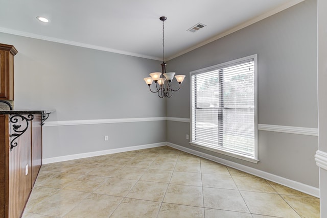 unfurnished dining area with crown molding, visible vents, a chandelier, light tile patterned flooring, and baseboards