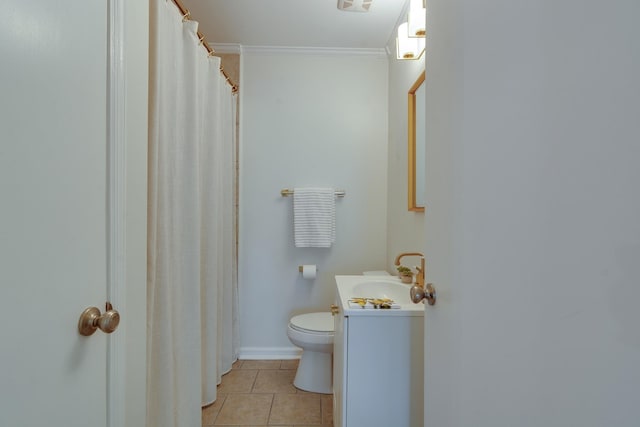 full bathroom with toilet, a shower with curtain, tile patterned flooring, vanity, and ornamental molding